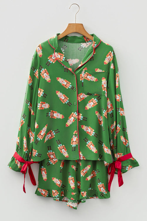 Christmas Bow Top and Ruffle Shorts Pajama Set